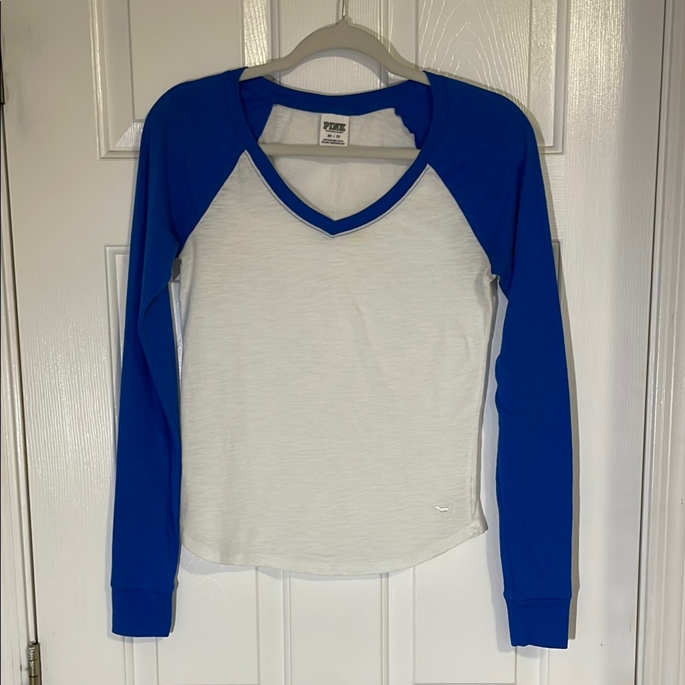 Victoria's Secret Fitted Long Sleeve Baseball Tee White and Blue
